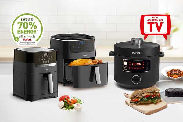 2 Tefal air fryers and a Tefal slow cooker on a counter-top, surrounded by food.